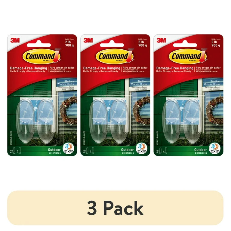 (3 pack) Command Outdoor Clear Window Hooks, Medium, 2 Wall Hooks, 4 Strips/Pack | Walmart (US)