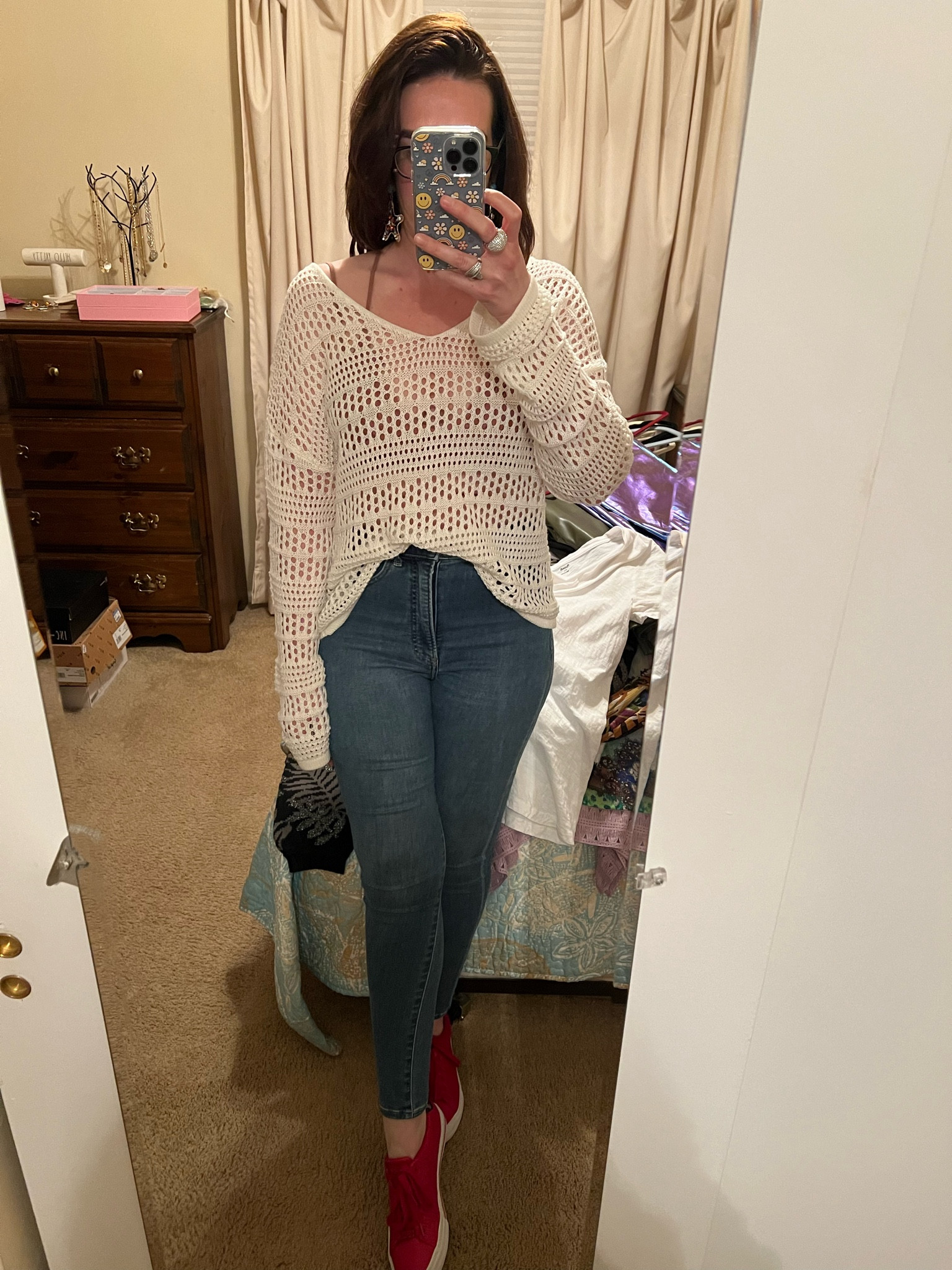 White crocheted top (size small). High waisted jeans (size 4). Red sneakers (size 8.5). #top #whitetop #crochetedtop #jeans #denim #highwaistedjeans #highwaisteddenim #sneakers #redsneakers #casualoutfit Jeans

#LTKFindsUnder100 #LTKStyleTip #LTKSeasonal