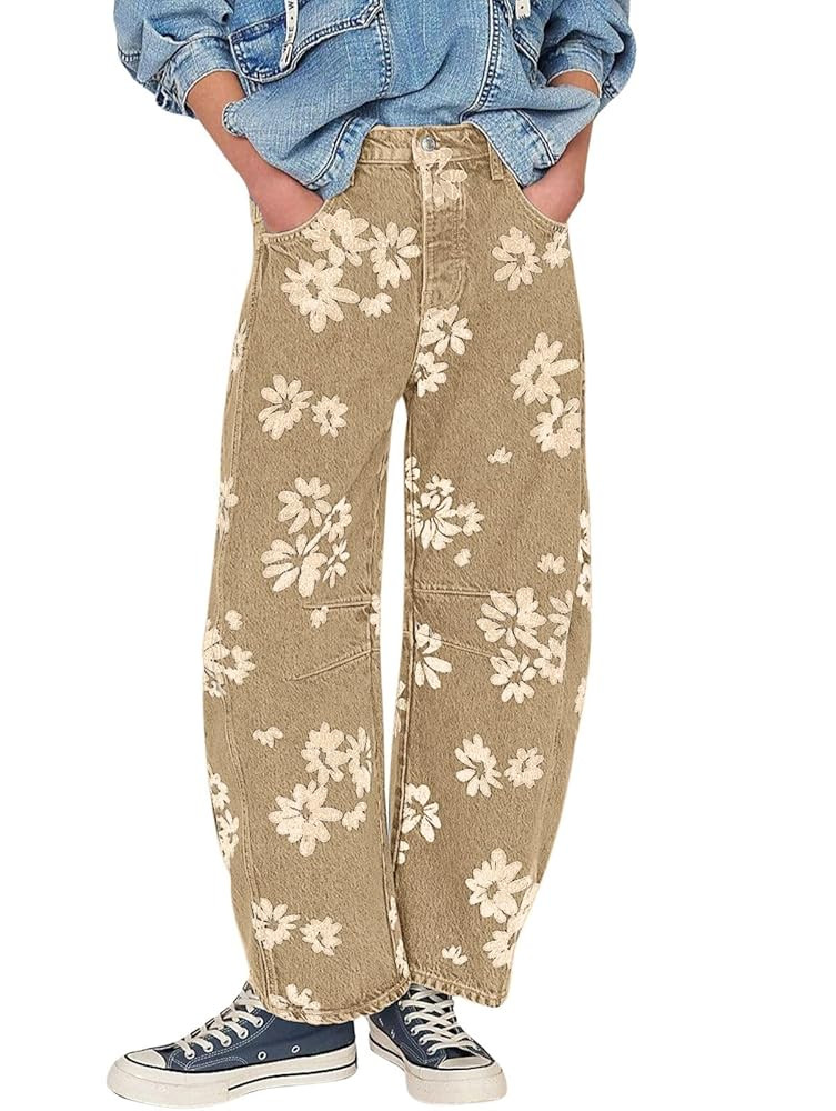 loveimgs Women Y2k Distressed Barrel Jeans Baggy Wide Leg Jeans Floral Printed Boyfriend Patchwor... | Amazon (US)