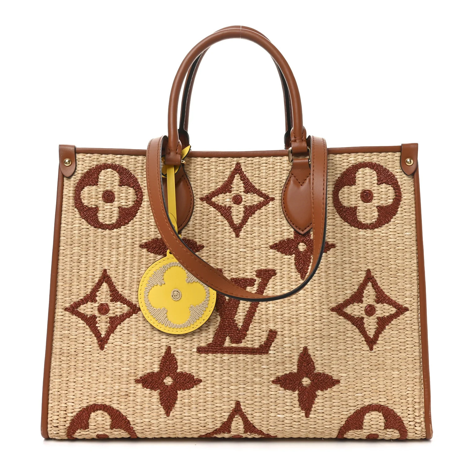 Raffia Calfskin Monogram Giant Onthego MM Tan | FASHIONPHILE (US)