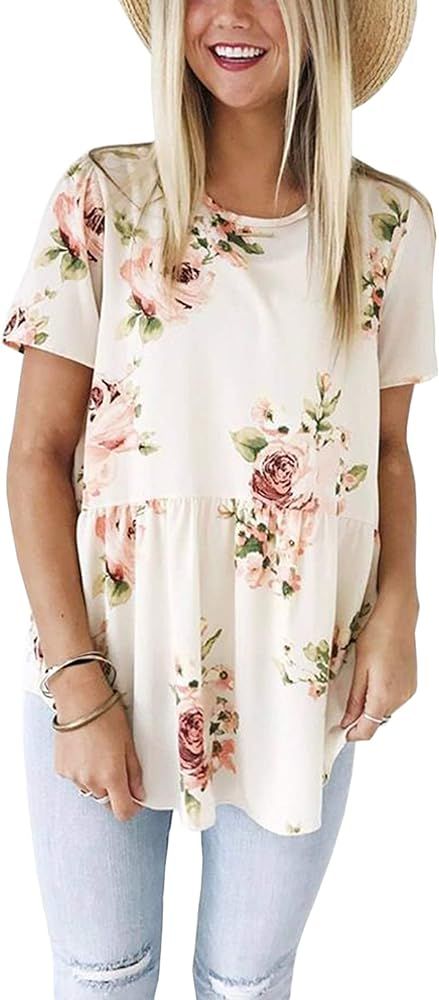 Hibluco Women's Short Sleeve Round Neck Floral Print Swing Tunic Top Blouse | Amazon (US)