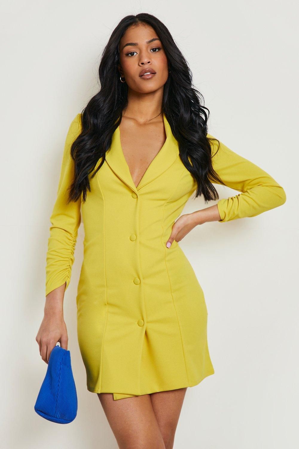 Womens Tall Ruche Sleeve Blazer Dress - Yellow - 10 | Boohoo.com (US & CA)