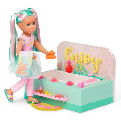 Glitter Girls 14" Doll with Spa Accessories Leia & Bathtub Playset: Fashion & Beauty Themed Doll Playsets, 19 Pieces | Target