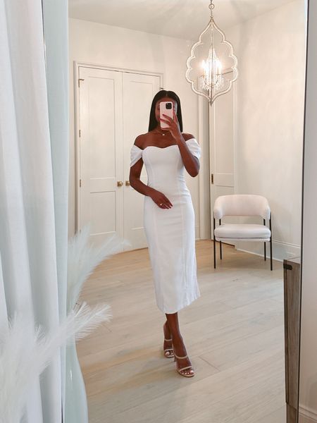 White off-the-shoulder midi dress! Also comes in black. Soft and stretchy! This dress would be perfect for a cocktail party or rehearsal dinner! Wearing an xs!

Rehearsal dinner dress, white dress, bachelorette dress, spring dress, summer dress, bride-to-be, off-the-shoulder dress, Abercrombie dress 

#LTKwedding #LTKstyletip #LTKSeasonal