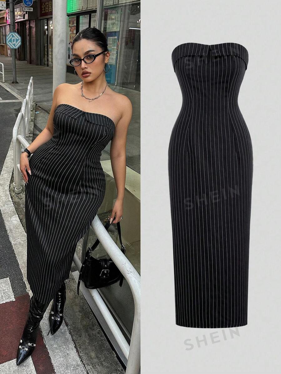 SHEIN POPSWAY Plus Striped Print Tube Dress For Summer | SHEIN