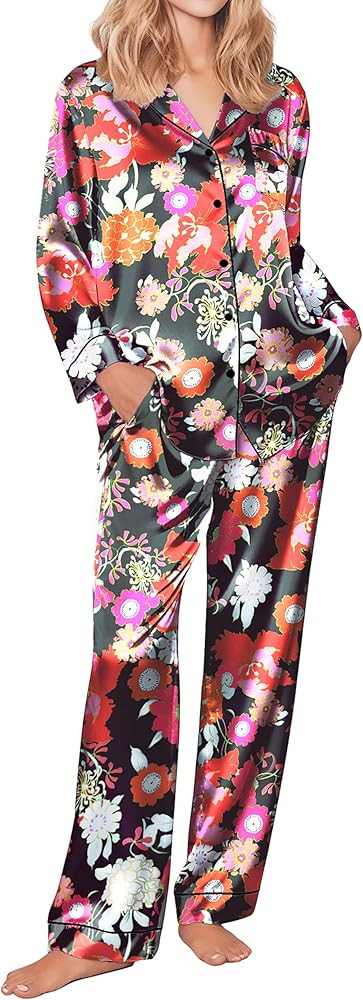 Ekouaer Women's Classic Button Down Long Satin Silk Pajama Set | Amazon (US)
