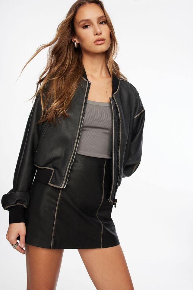 Faux Leather Cropped Bomber Jacket | Dynamite Clothing