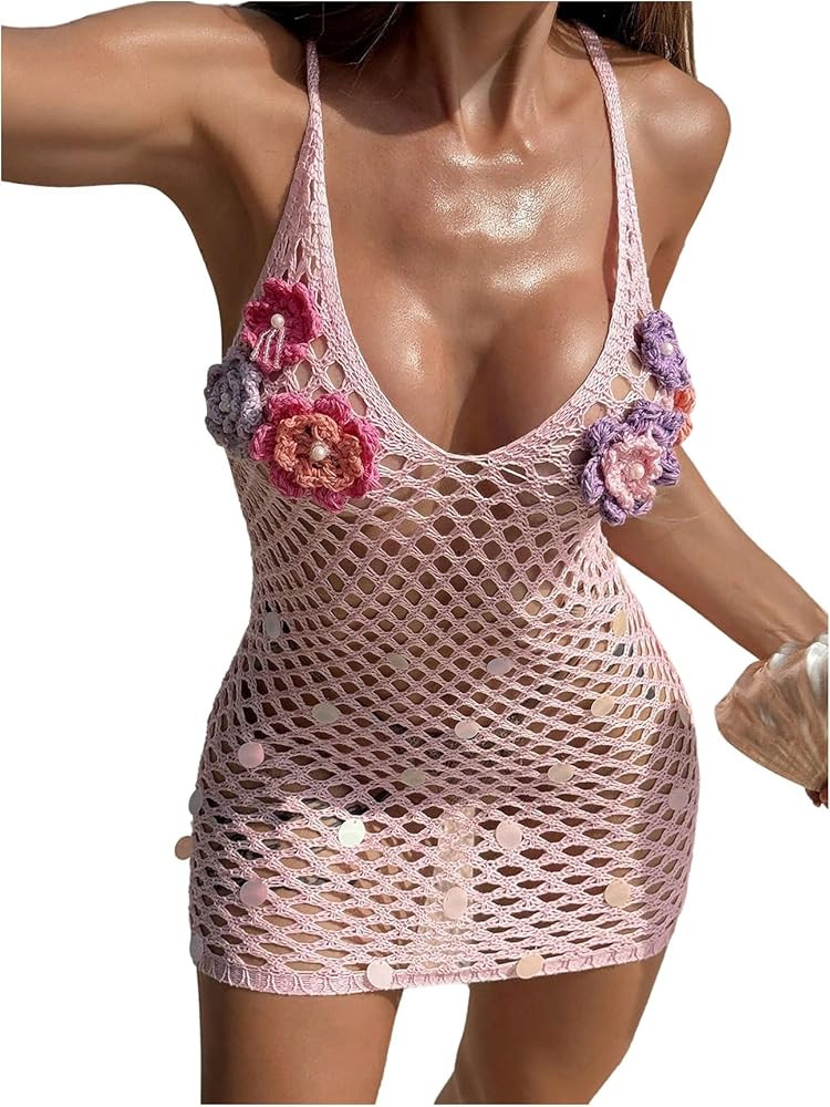 Floerns Women's Crochet Cover Up Beach Dress Hollow Out Floral Vacation Bathing Suit | Amazon (US)