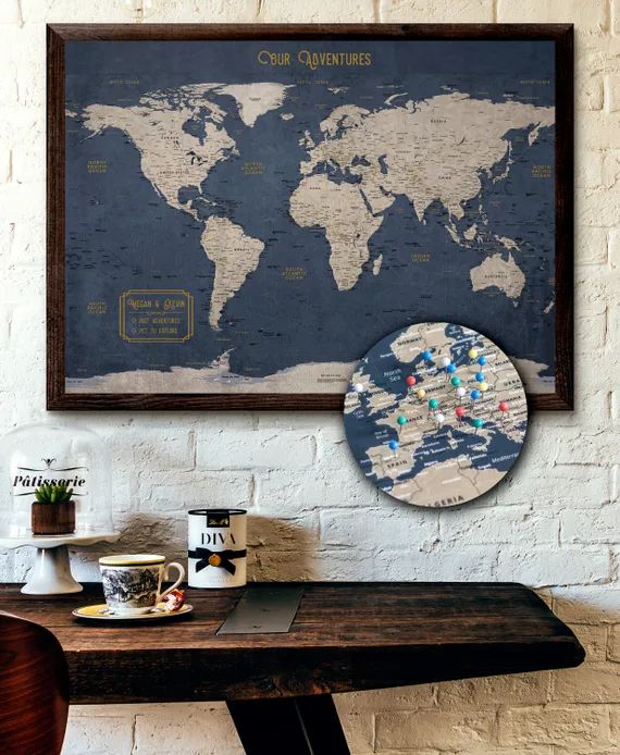 Large World Map Push Pin Executive Style 24x36" or 24x16" | Customized Pin Board Mounted on 3/16"... | Etsy (US)