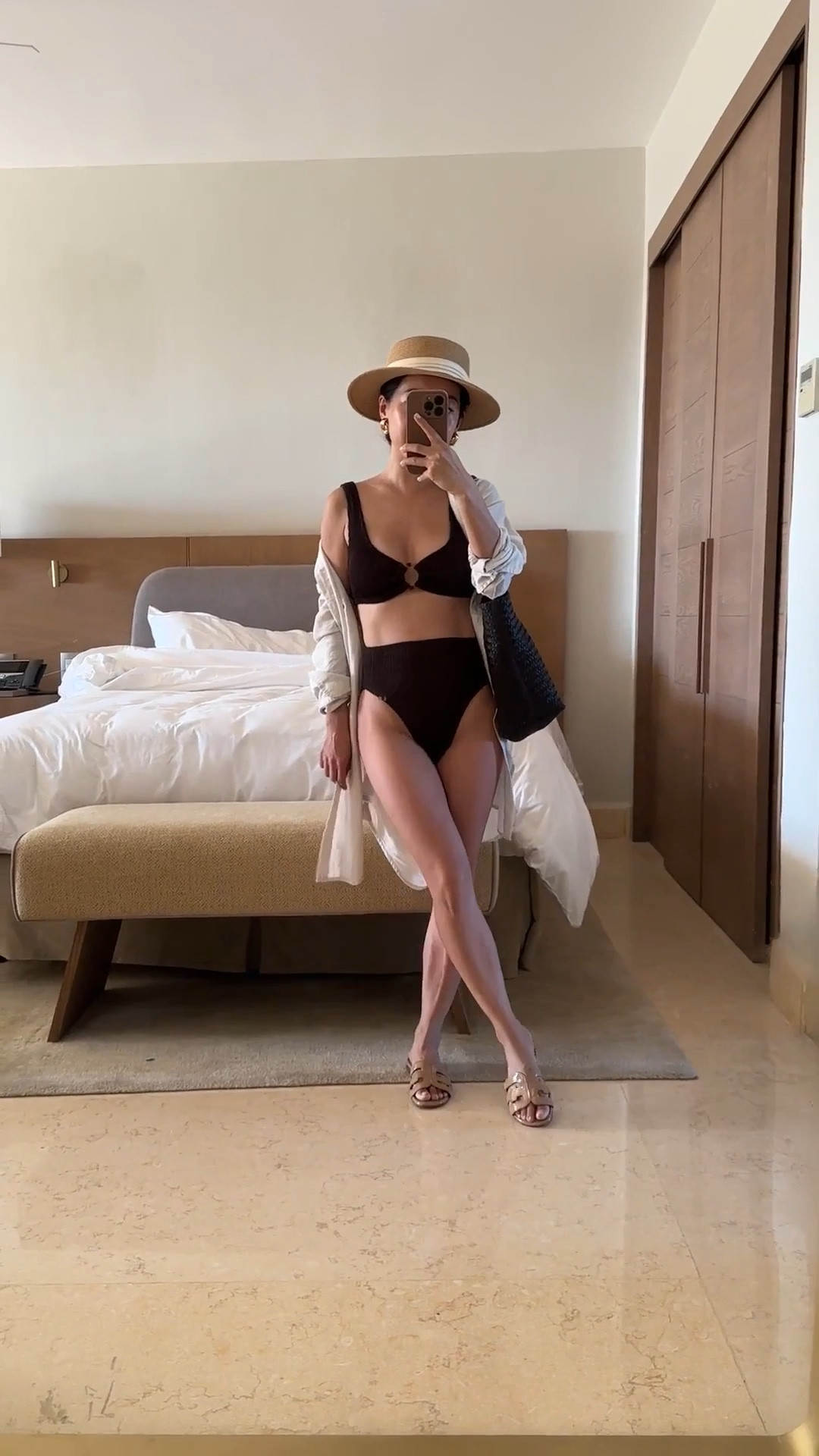 $20 adjustable hat + mom friendly textured high rise bikini back in stock! Also comes in a 1 piece in the same textured fabric that I also own and love.

• J.Crew O-ring scrunchie bikini top in inky espresso xxs. I could also fit the XS tho straps are a tad longer. 

• scrunchie bikini bottom in inky espresso xxs high rise fit 

• Sam Edelman sandals 5 - I get these wet all the time from the pool or splash pads and they’ve held up great!

• Amazon packable sunhat with an adjustable inner fit. I’ve owned this for years and share with Nori since I can adjust the inner fit using the Velcro strap to be smaller! 

• Madewell woven leather tote 

• Heaven mayhem mini earrings super lightweight 

• J.Crew linen cover up shirt xxs runs big and loose but i love the loose coverage from the sun

Swimsuits, bikini, high rise bottoms , resort vacation pool and beach outfits

#LTKSeasonal #LTKPetite #LTKTravel