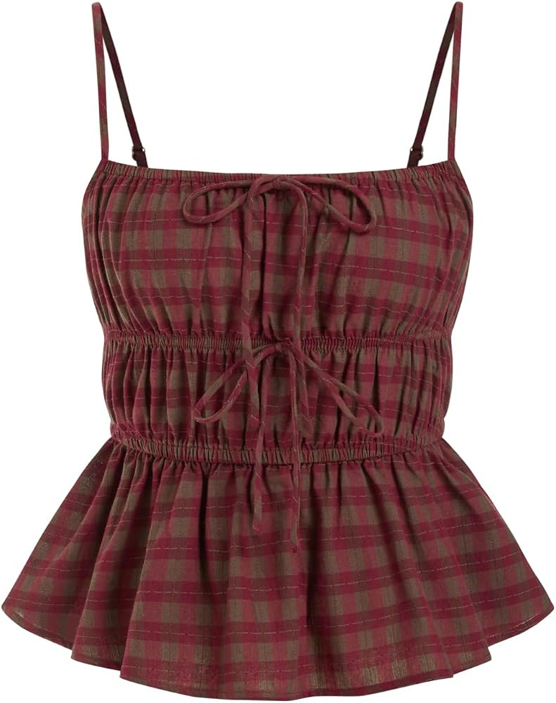 CIDER Tie Front Plaid Crop Tops Square Neck Sleeveless Spaghetti Strap Cami Cotton Tank Top Women Cute Summer Outfit | Amazon (US)