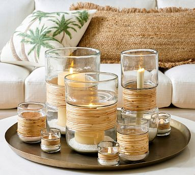 Palm Woven Rattan &amp; Glass Hurricane Candleholder | Pottery Barn (US)