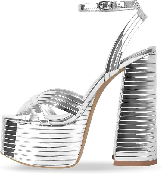 onlymaker Women's Platform Chunky Heel Sandals Peep Toe Ankle Strap Buckle Platform Metallic Wedd... | Amazon (US)