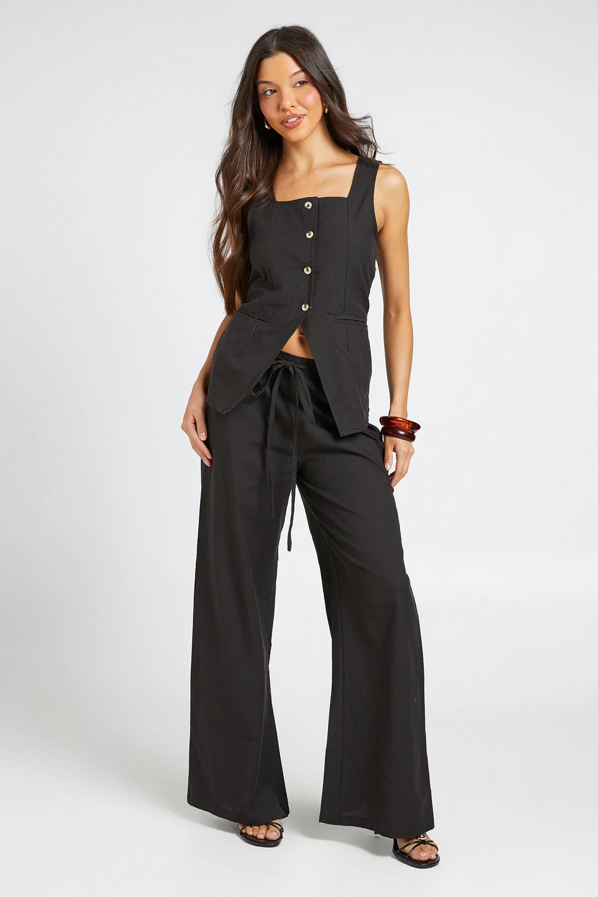 Linen Look Square Neck Waistcoat And Tailored Wide Leg Trousers Co-Ord | Boohoo.com (UK & IE)