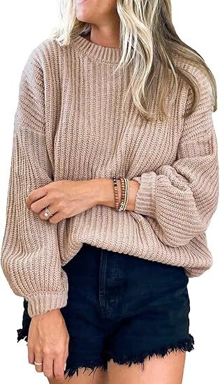 PRETTYGARDEN Women's Crew Neck Loose Drop Shoulder Lantern Sleeve Casual Solid Color Knit Pullove... | Amazon (US)