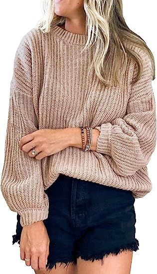 PRETTYGARDEN Women's Crew Neck Loose Drop Shoulder Lantern Sleeve Casual Solid Color Knit Pullove... | Amazon (US)