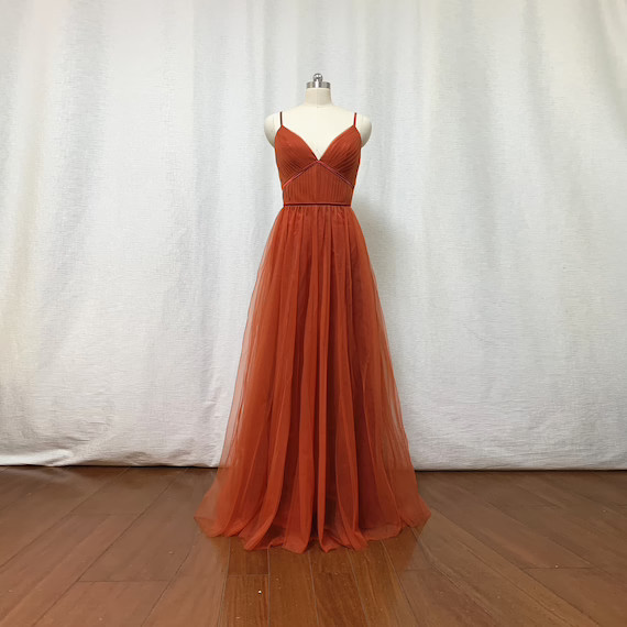 Burnt Orange Tulle Bridesmaid Dress 2021 Spaghetti Straps Boho | Etsy | Etsy (US)