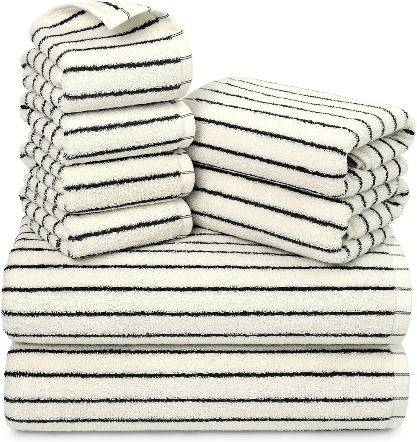 8 Piece Black and Ivory Towel Set, Super Soft & Absorbent Cotton Striped | Amazon (US)