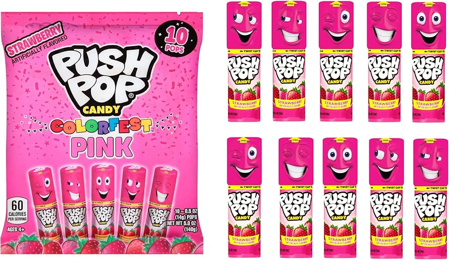 Push Pop Pink Colorfest - Pink Strawberry Lollipops Bulk Halloween Candy - 10 Count Individually ... | Amazon (US)