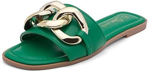 Shoe Land Women's Flat Sandals - Square Open Toe Single Band Fashion Slides with Metal Chain Dres... | Amazon (US)