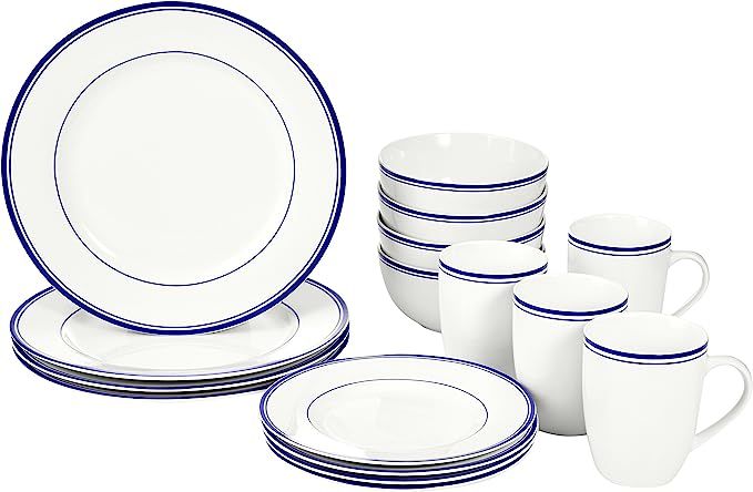 Amazon Basics 16-Piece Cafe Stripe Kitchen Dinnerware Set, Plates, Bowls, Mugs, Service for 4, Bl... | Amazon (CA)
