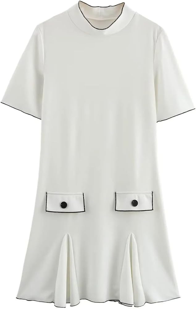 Women's Slim Stand Collar Short Sleeve Wavy Wide Hem Mini Dress Casual Street Dress | Amazon (US)