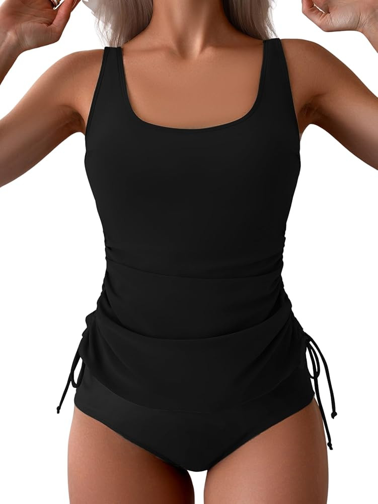 B2prity Women's Tankini Swimsuit Tummy Control Wide Strap Side Cinch Drawstring Two Piece Bathing... | Amazon (US)
