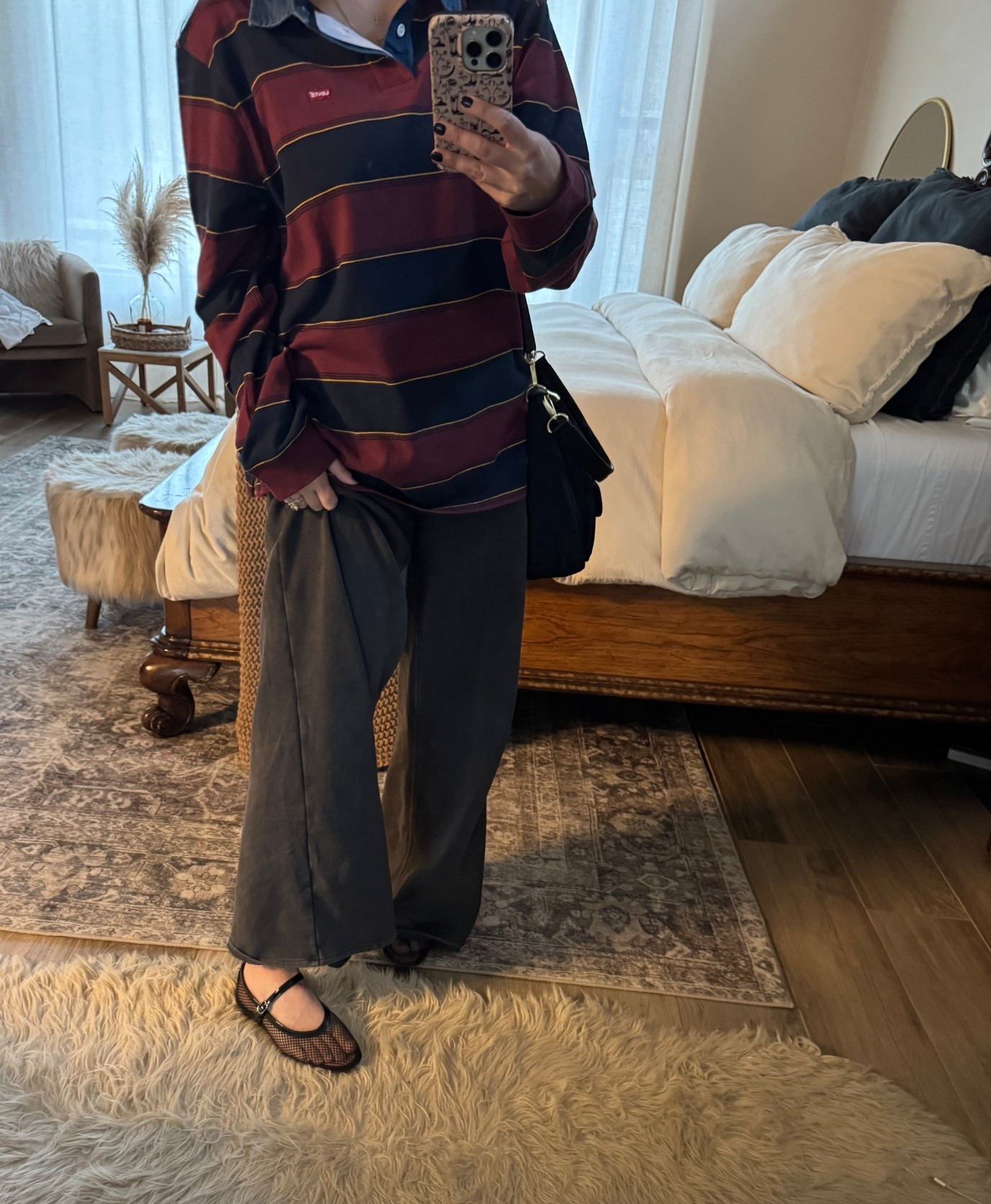 Cozy fall transition 
Rugby polo
Sweatpants jeans 
Mesh Mary Jane ballet flat 
Sized up shirt to L
Sized down jeans S
Shoes TTS