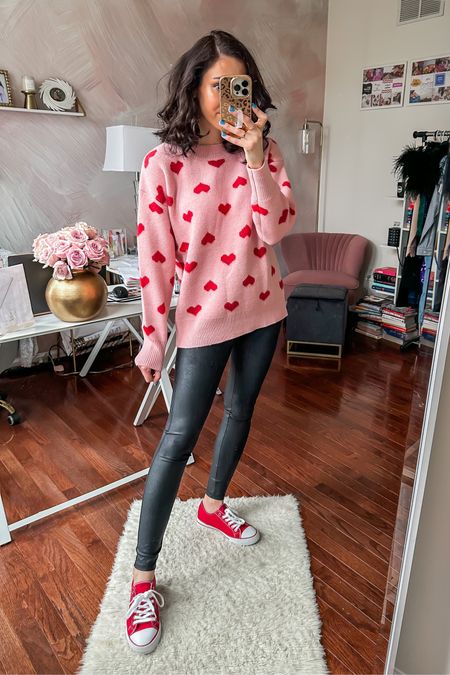 Valentine’s Day outfit idea // amazon fashion find // heart sweater under $50 // Spanx inspired leather legging // red converse sneaker ❤️

#LTKFind #LTKSeasonal #LTKunder50