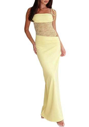 Womens 2 Piece Skirt Dress Set Summer Sheer Mesh Ruched Camisole Tops Maxi Skirts Sexy Bodycon Sets Yellow | Amazon (US)