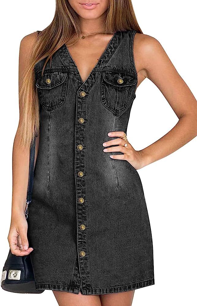 luvamia Women's Casual V Neck Sleeveless Jeans Button Down Denim Short Dress | Amazon (US)