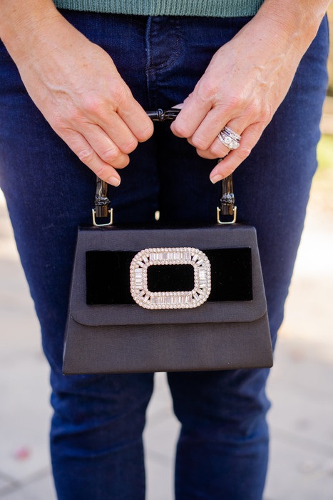 Lulu Black Fialle - Rhinestone Buckle with Black Velvet - Black Bamboo Handle | Lisi Lerch Inc