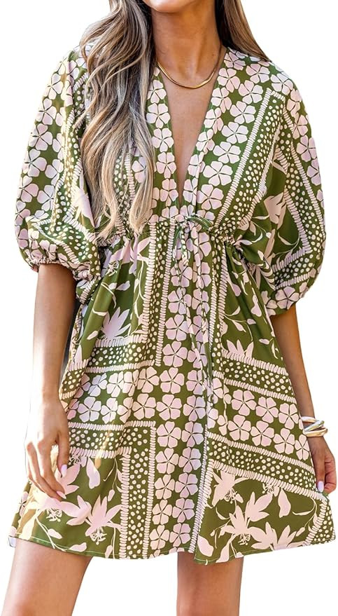 CUPSHE Women's Plunging V Neck Floral Backless Beach Dress Blouson Sleeve Back Tie Waist Tie Mini... | Amazon (US)