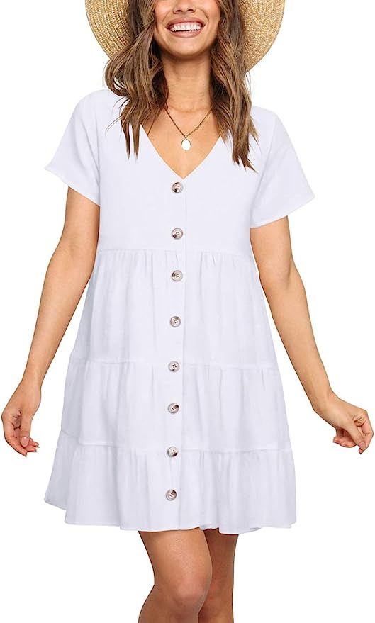 Cosonsen Womens Printed Swing Shift Dress Long Sleeve V Neck Tunic Dress | Amazon (US)