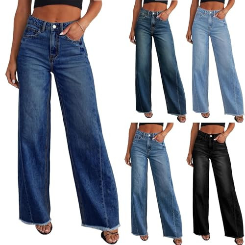 Straight Leg Jean for Women High Waisted Raw Hem Flare Jeans Destroyed Elastic Waist Denim Pants Casual Loose Boyfriend Jean Wide Leg Bell Bottom Jeans Distressed Y2k 90s Trousers Pants | Amazon (US)