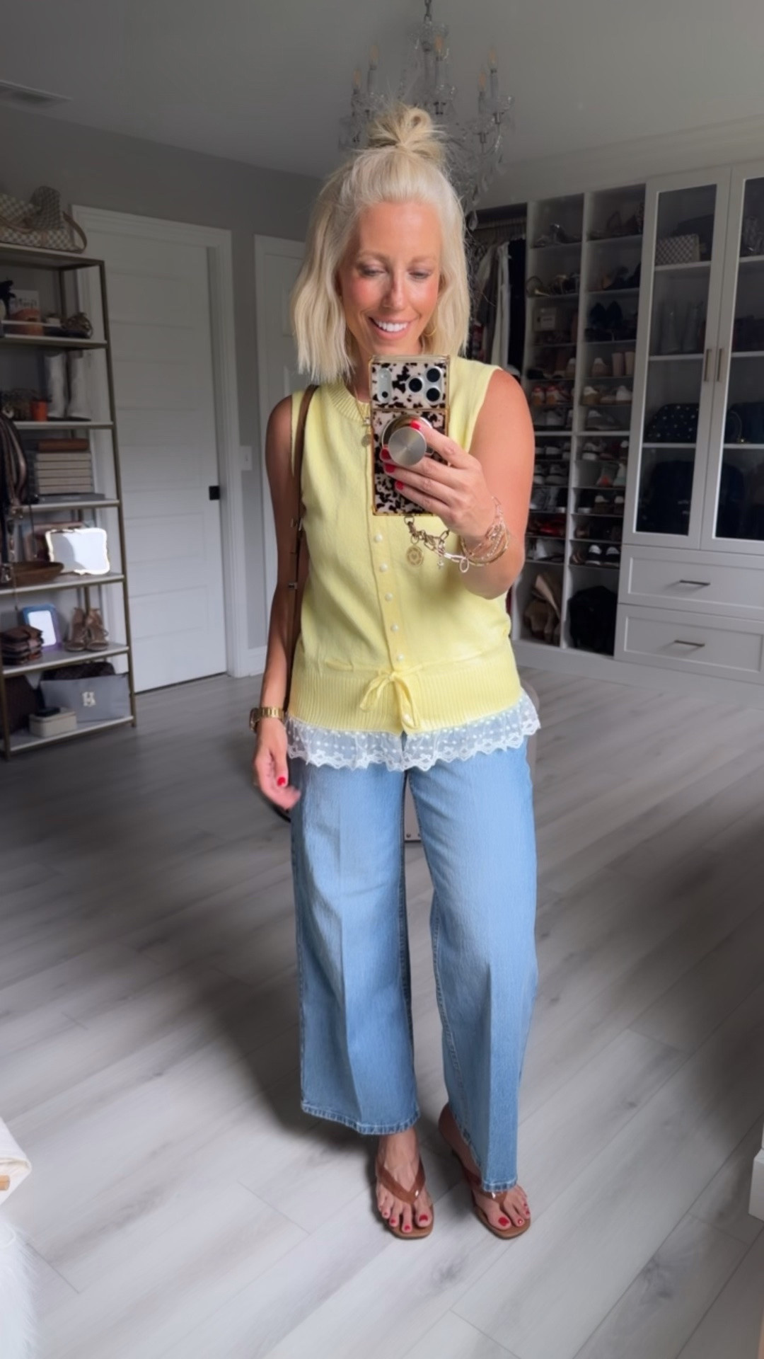 This sweater top is so cute and unique! I love the butter yellow with the pearl and lace detail. 💛 Wearing a size small in top and 4 in jeans!

#LTKgrwm #LTKootd #LTKSeasonal
