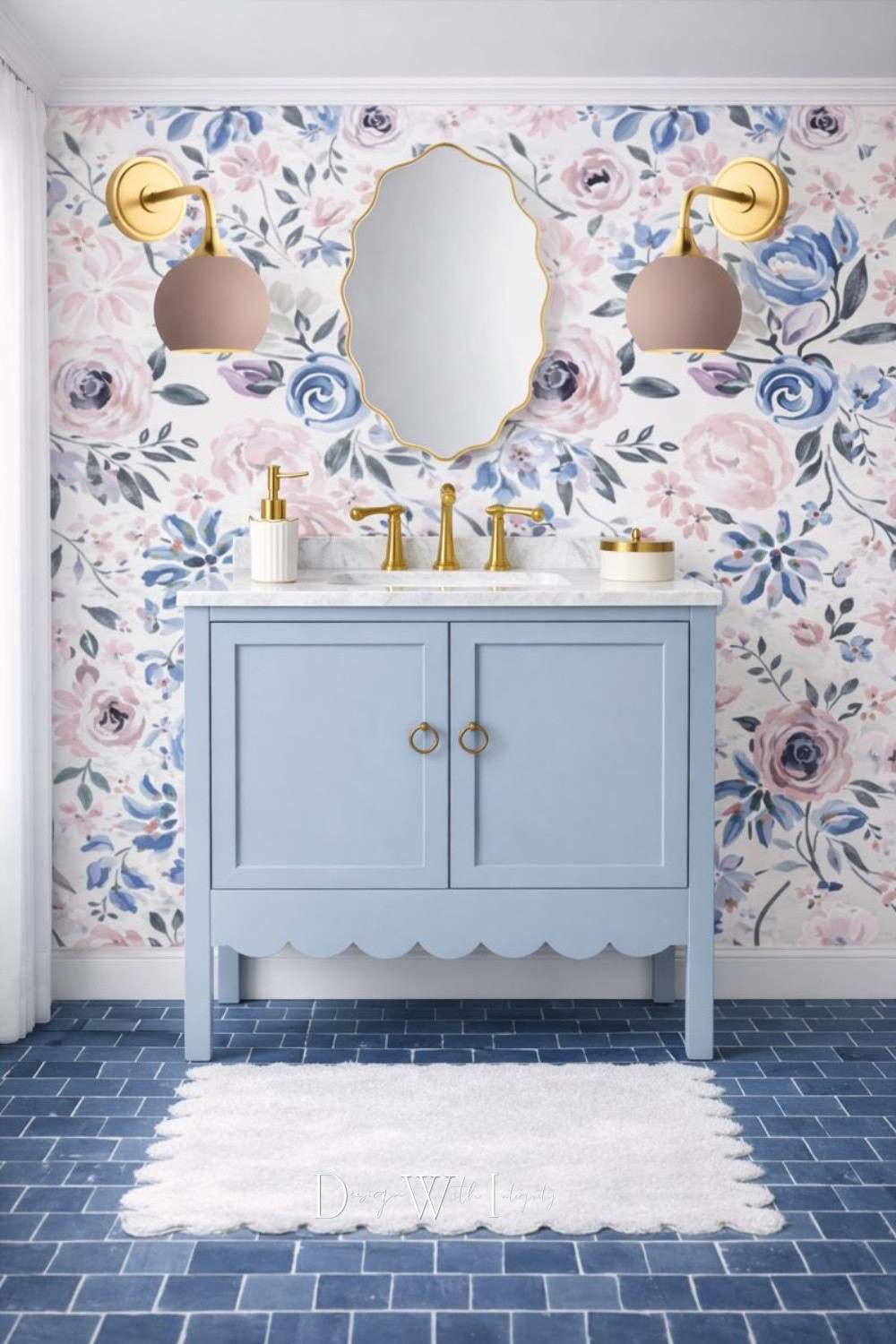 Soft florals, powder-blue cabinetry, and warm brass accents create a bathroom that feels charming, refined, and intentionally layered. The tailored vanity adds a furniture-style presence, while the delicate wallpaper brings movement and personality to the space. Brass fixtures and lighting provide a warm contrast, balancing the cool blue tones and elevating the overall design with a timeless finish.

This space was inspired by a digital mood board and generated through AI as a visual source of inspiration, showcasing how thoughtful color pairings and classic details can transform a bathroom into a beautifully curated retreat. Tap through to shop the look on LTK and explore the pieces that bring this design together.

Shop the look on LTK.

#bathroomdesign #interiordesign #shopthelook 

 #LTKHome
