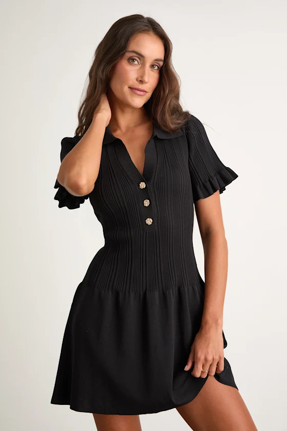 Yavina Black Collared Skater Sweater Mini Dress | Lulus