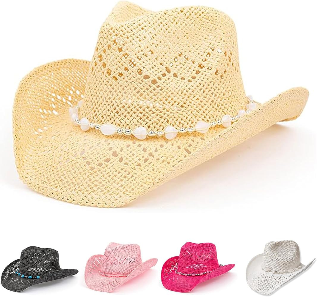 Straw Cowboy Hat for Women with Beaded Trim and Shapeable Brim | Amazon (US)