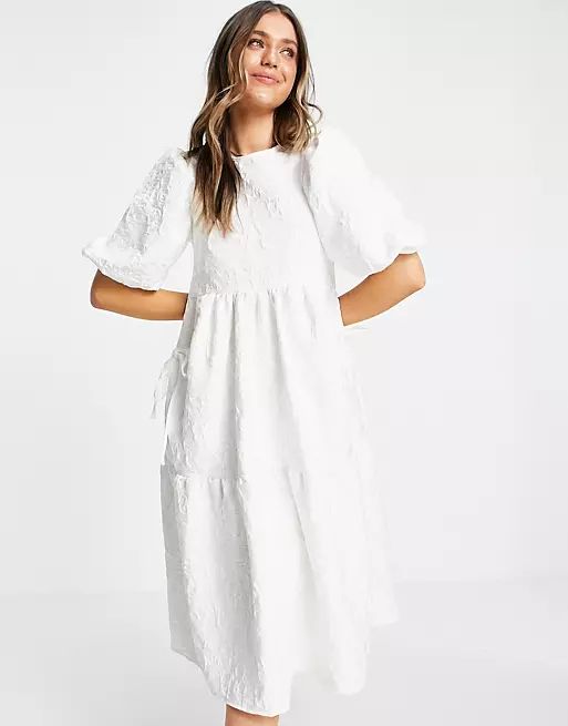 ASOS DESIGN jacquard tiered midi dress with bellow pockets in white | ASOS (Global)