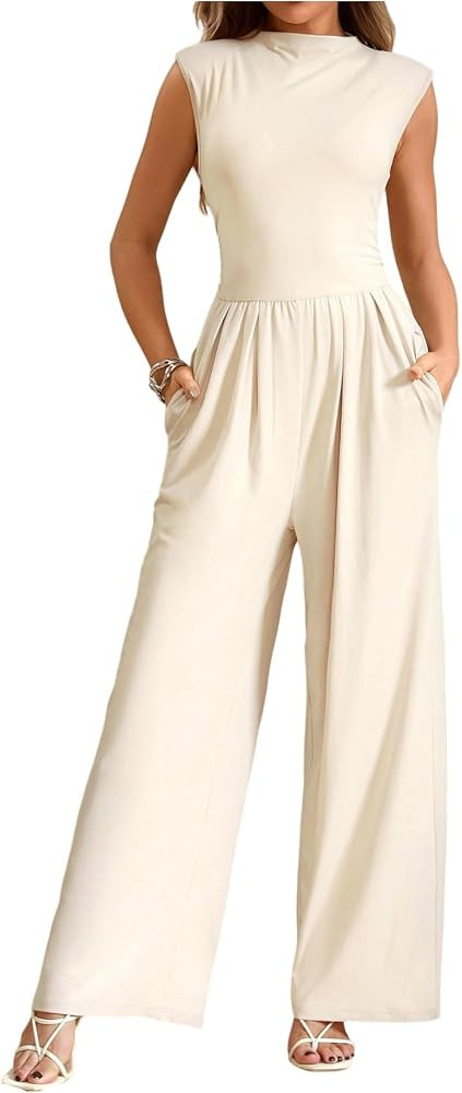 Floerns Women's Summer Wide Leg Jumpsuit Elegant Sleeveless Mock Neck Business Casual Romper | Amazon (US)