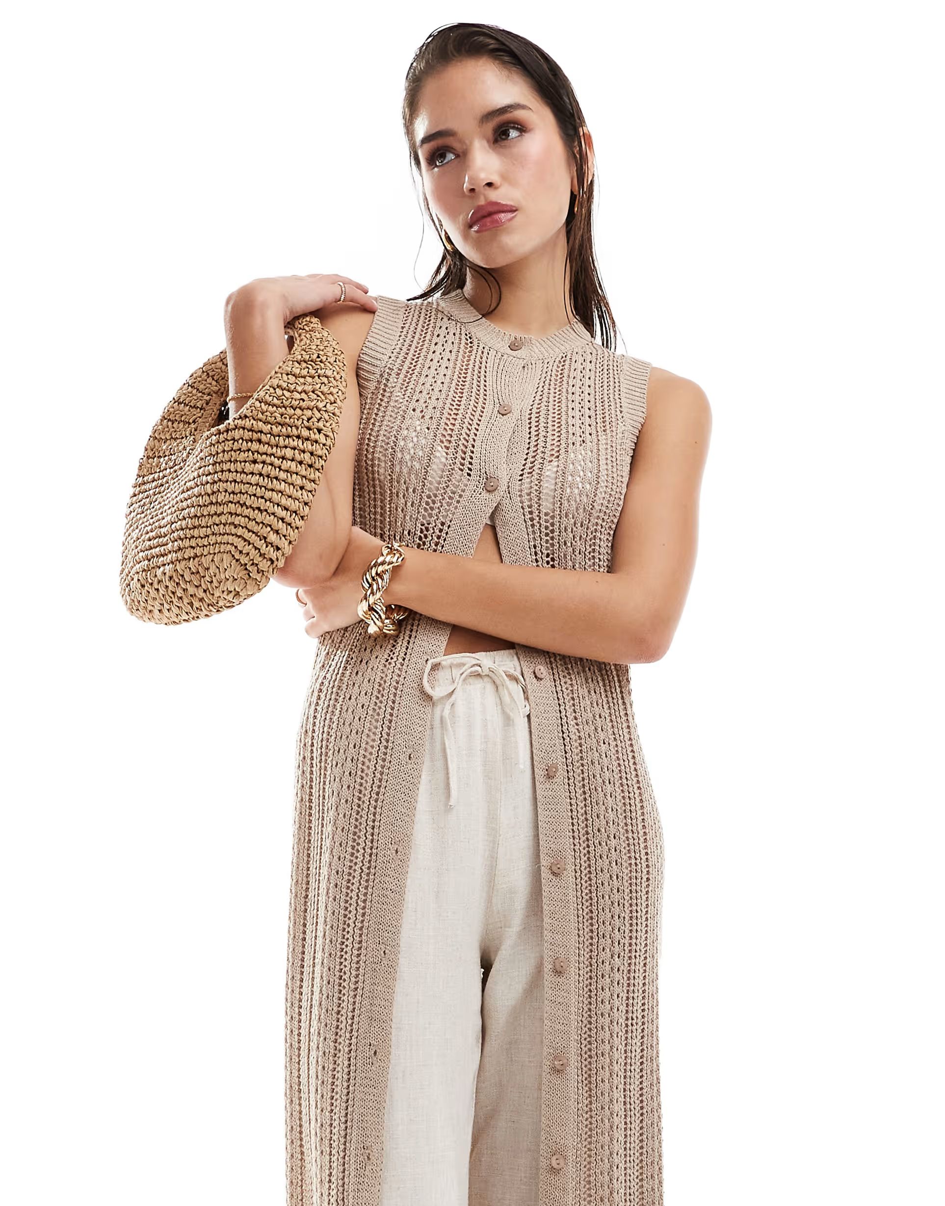 Pretty Lavish crochet maxi cardigan in beige | ASOS | ASOS (Global)