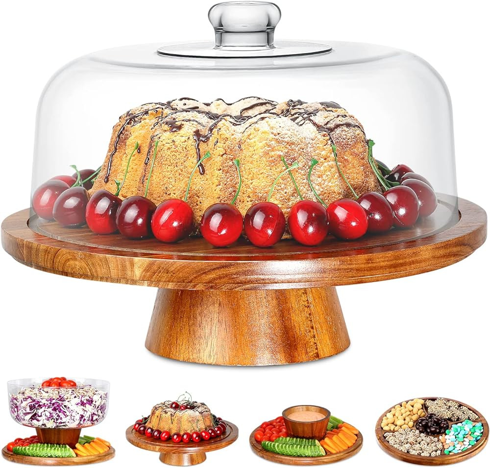 Homeries Acacia Wood Cake Stand with Lid, Cake Plate, (6 in 1) Multi-Functional Serving Platter, ... | Amazon (US)