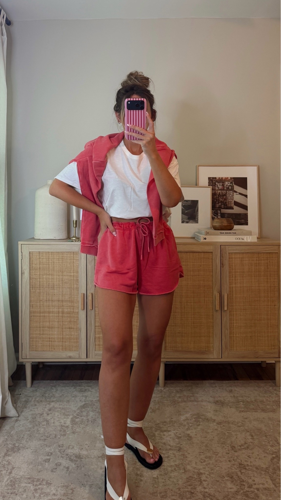 easy summer outfit! matching set & tee! sized up to a L in the tee, size M sweatshirt (runs small, size up), size M shorts (these run big, size down) summer outfit, mdw, 4th of july, comfy outfit, walmart

#LTKootd
