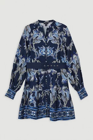 Viscose Linen Mirrored Floral Belted Woven Mini Dress | Karen Millen US