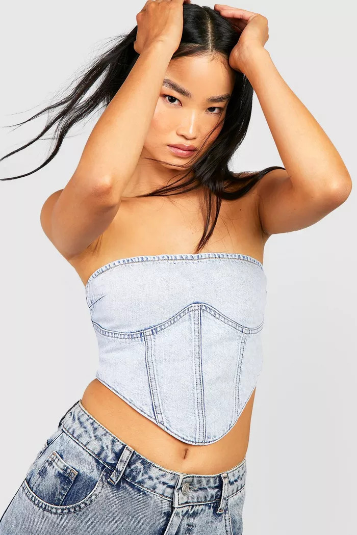 Acid Wash Seam Detail Denim Corset | Boohoo.com (UK & IE)