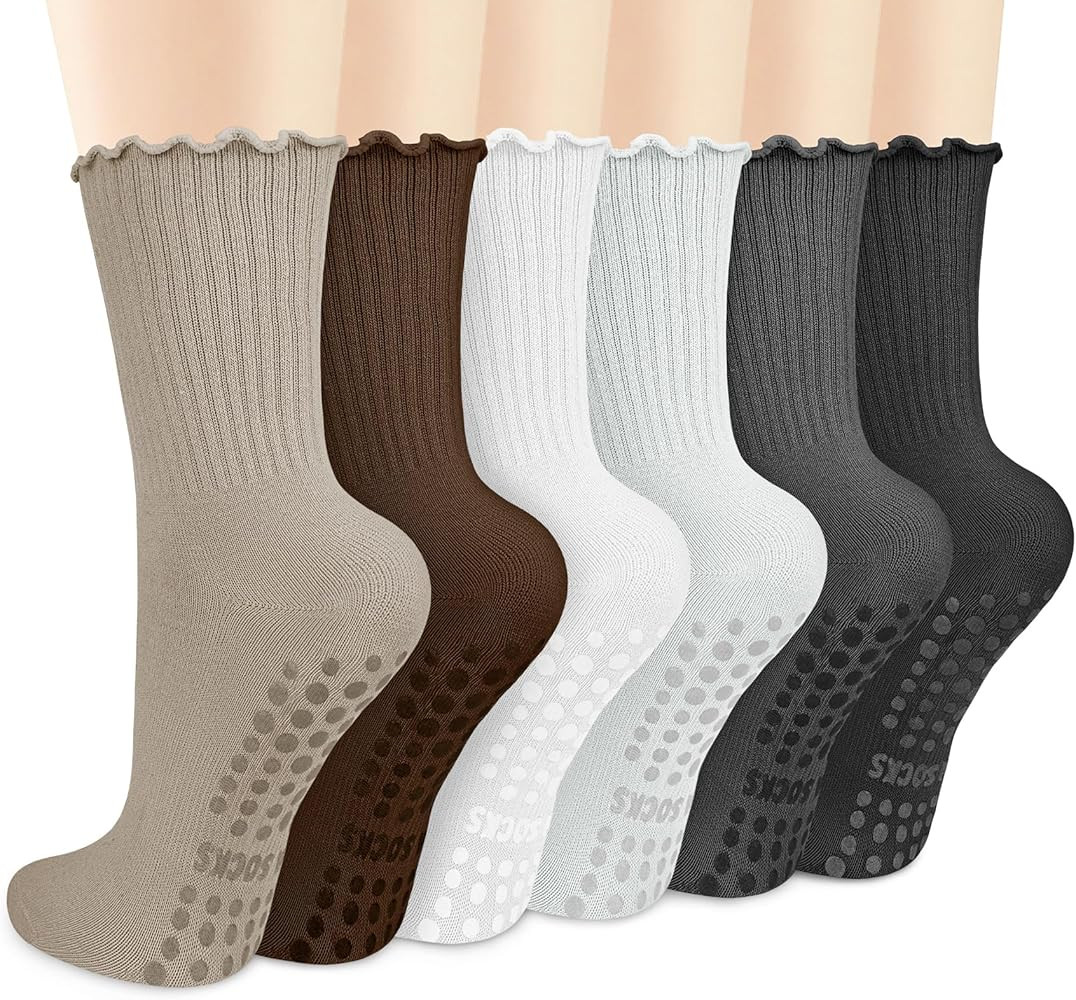 Justay 6 Pairs Womens Pilates Socks with Grips Crew Non Slip Ruffle Cotton for Athletic Workout B... | Amazon (US)