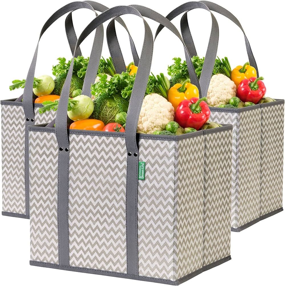 Reusable Grocery Bags (3 Pack) – Heavy Duty Reusable Shopping Bags with Box Shape to Stand Up a... | Amazon (US)
