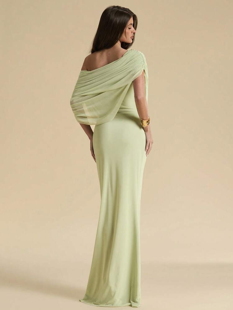 SHEIN BAE Spring/Summer Solid Light Green Ruched One-Shoulder Fitted Elegant Maxi Mesh Dress, Bod... | SHEIN