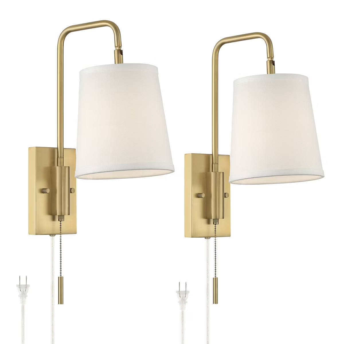 360 Lighting Luca Swing Arm Wall Lamps Set of 2 Warm Brass Metal Plug-in Light Fixture White Fabr... | Target